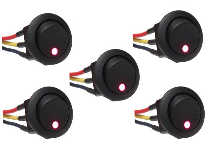 5 pcs - red led rocker switch 12v round toggle on off 12 volt w/ 6" wire leads