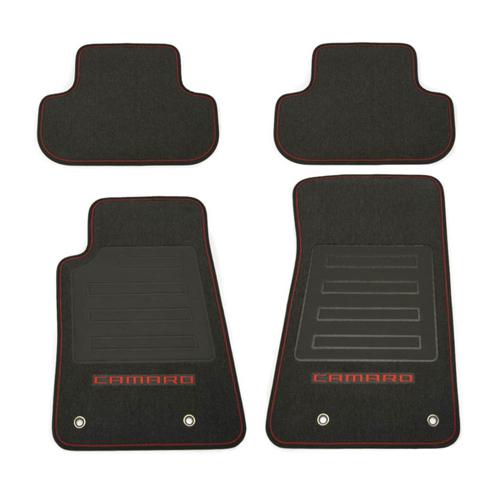 12-14 camaro premium carpet floor mats front/rear black w/orange edging 92221511