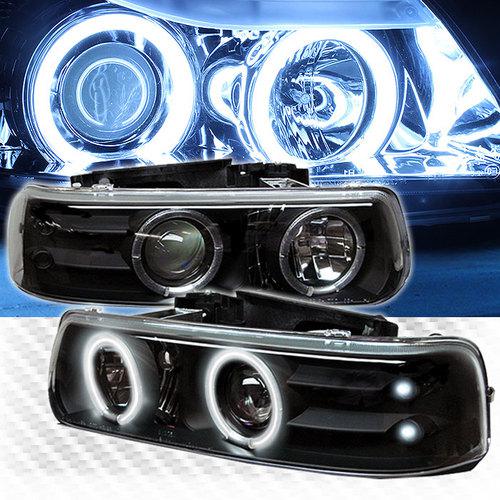 Ccfl halo led chevy silverado tahoe suburban projector headlights blk head light