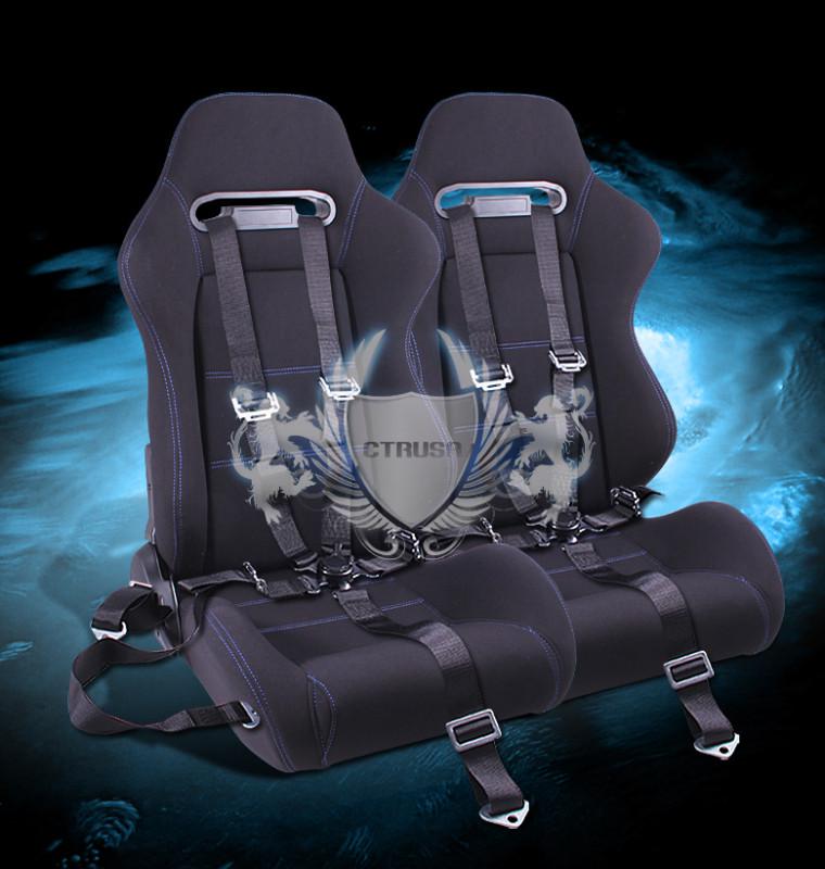 2x sport racing bucket seats fabric blue stitch+5-pt blk belt camlock strap pair