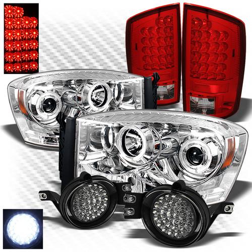 07-08 ram 1500, 07-09 2/3500 headlights + r/c led tail lights + led fog lights