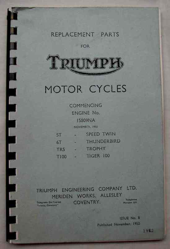 Triumph replacement parts catalogue for engine no. 15809na (11/1951)