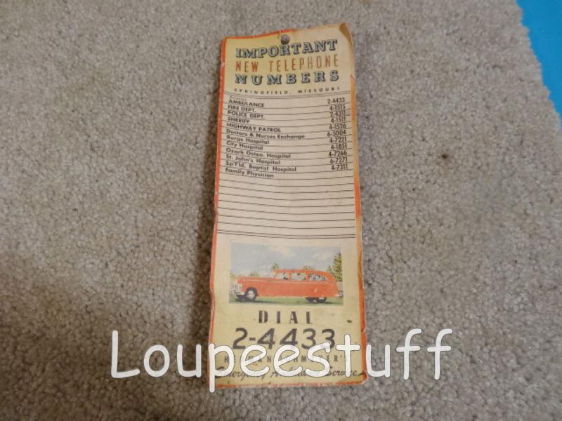 Vintage "important new telephone numbers" card police ambulance mo 2-4433 g552