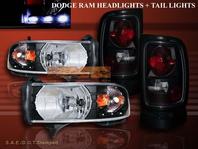 94-01 dodge ram pickup headlights black with led amber + dark smoke tail lights