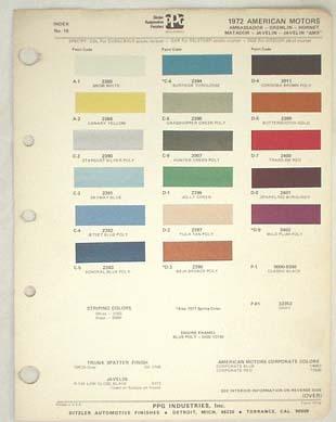 1972 amc ppg color paint chip chart amx javelin matador gremlin more