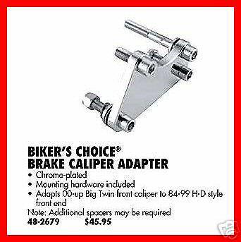 Chrome brake caliper bracket adapter converts 2000-up to fit 1984-1999 harley