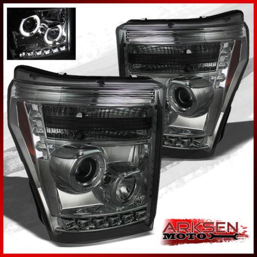 2011-2013 ford f250 f350 f450 twin halo drl projector smoked headlights lamp set