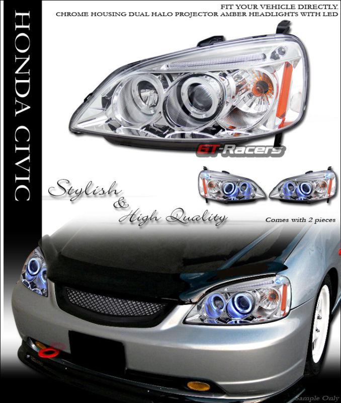 Chrome drl led halo rims projector head lights lamp signal 2001-2003 honda civic