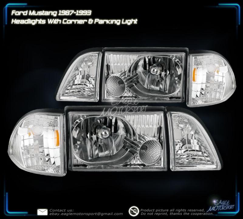 1987-1993 ford mustang crystal chrome clear headlights assembly + corner lamps