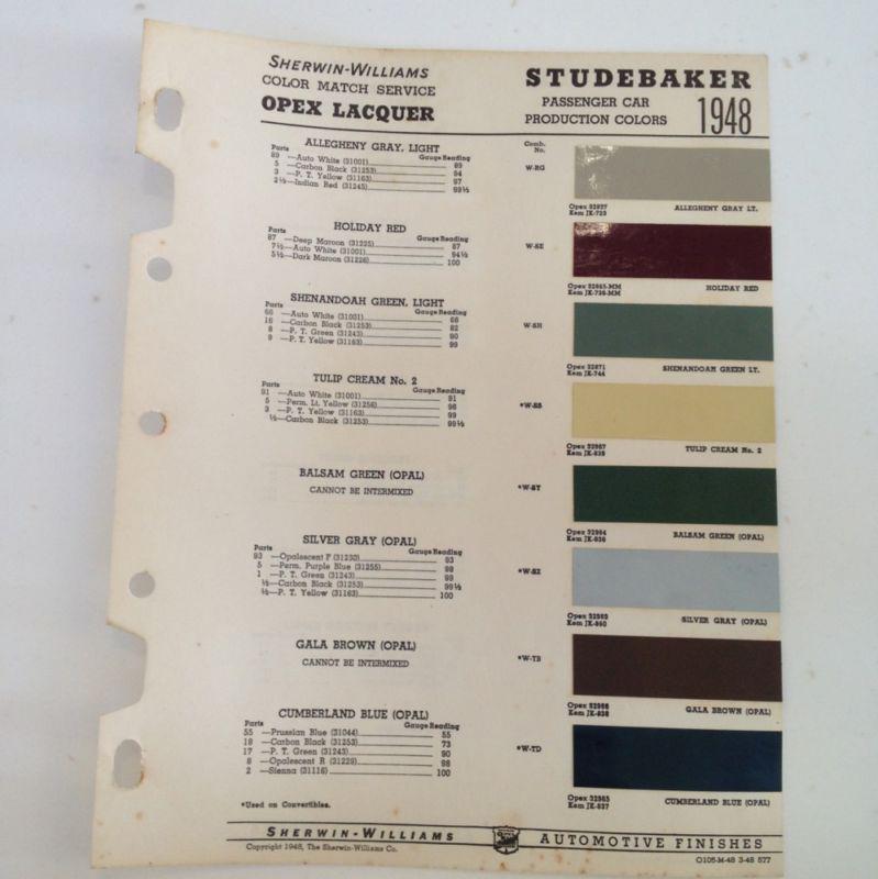 1948 studebaker~sherwin -williams paint color chip chart~car~mixing guide