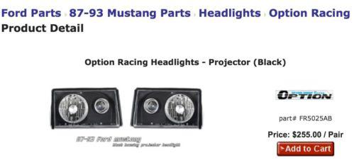 87-93 option racing mustang headlights - projector (black)