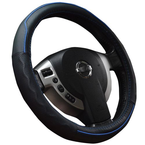 Black synthetic leather steering wheel cover 38cm with blue stitch for auto grip