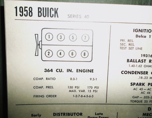 1958 buick eight series 40 models 364 ci v8 tune up chart