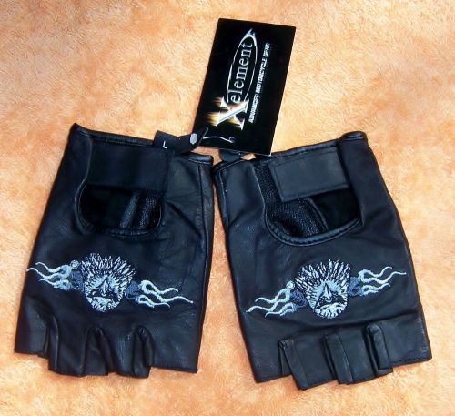 New! xelements leather fingerless motorycle gloves w/velcro eagle skull flames