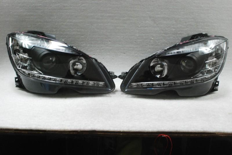 08-11 benz w204 c-class drl daytime running led projector black headlights lamps