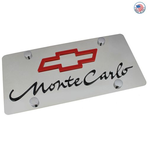 Chevy red bowtie + monte carlo name on polished stainless steel license plate