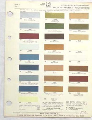 1974 lincoln and ford thunderbird ppg color paint chip charts all models