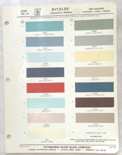 1962 mercury ppg color paint chip chart all models original