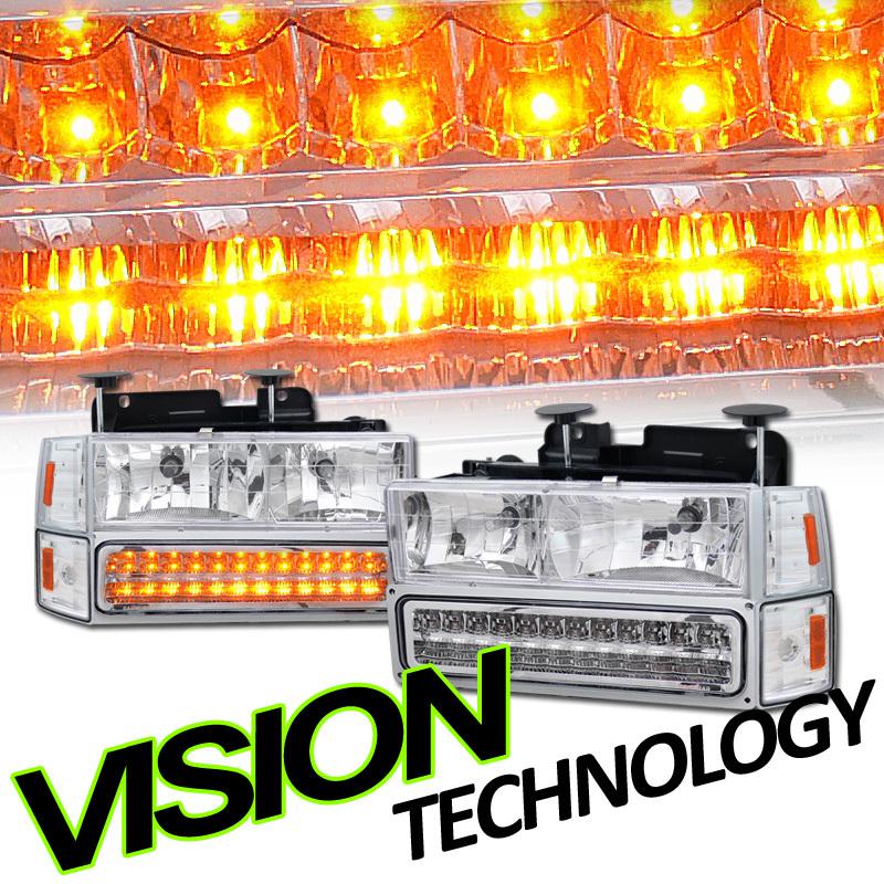 94-99 gmc c10 c/k suburban chrome headlights+led bumper+corner lights w/ amber