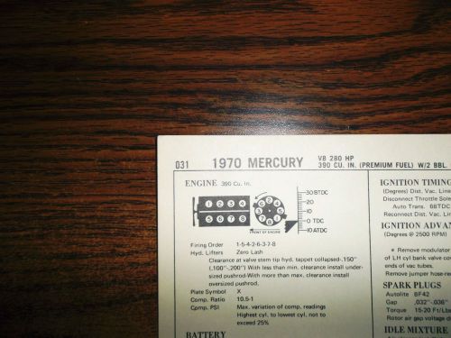 1970 mercury eight series models premium fuel 280hp 390 ci v8 2bbl tune up chart