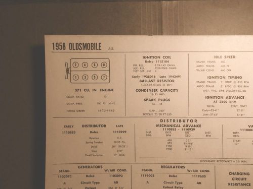 1958 oldsmobile eight series all models 371 cubic inch v8 tune up chart