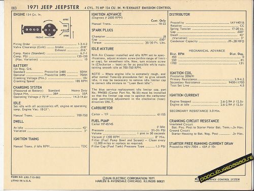 1971 jeep jeepster 4 cylinder 134 ci / 75 hp car sun electronic spec sheet