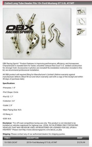 2015+ mustang gt obx long tube catted headers