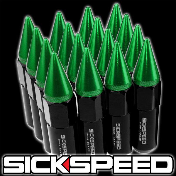 16 black/green spiked 60mm aluminum extended tuner lug nuts wheel 1/2x20 a