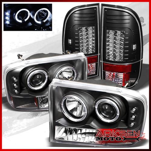 99-04 f250/350 black 1pc ccfl halo projector headlights+g2 black led tail lights