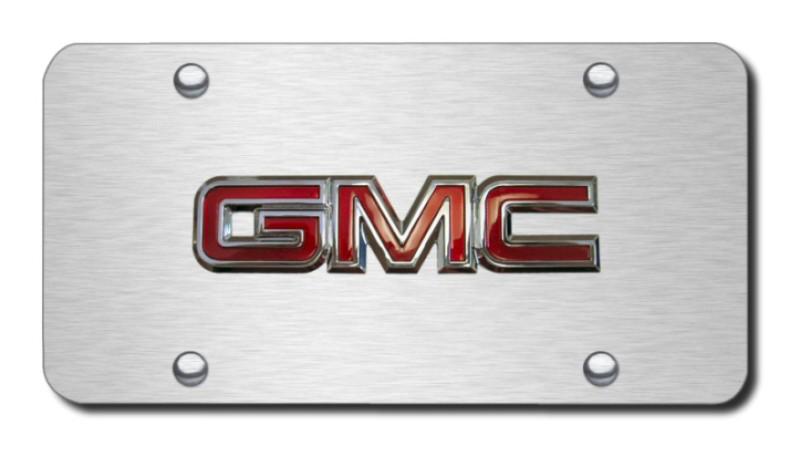 Gm gmc oem logo chrome on brushed stainless license plate made in usa genuine