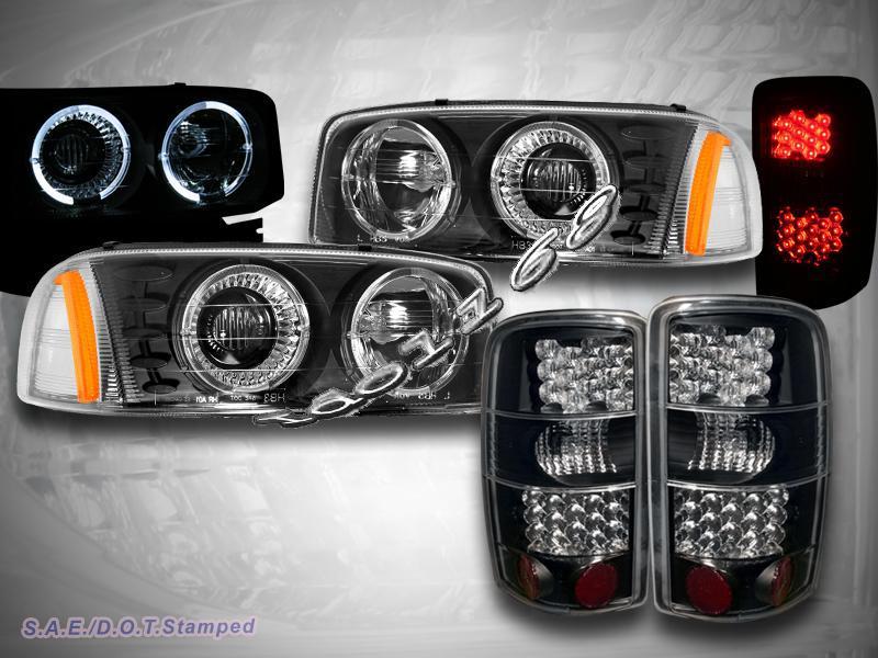 00-06 gmc yukon xl/ denali halo projector headlights blk + blk led tail lights 