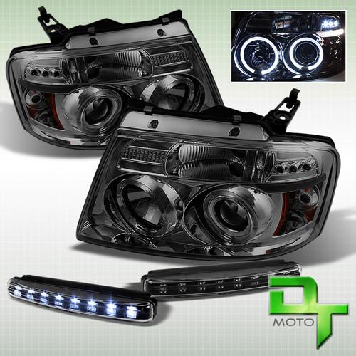 Drl led bumper fog + smoke 04-08 ford f150 dual halo projector headlights lamps