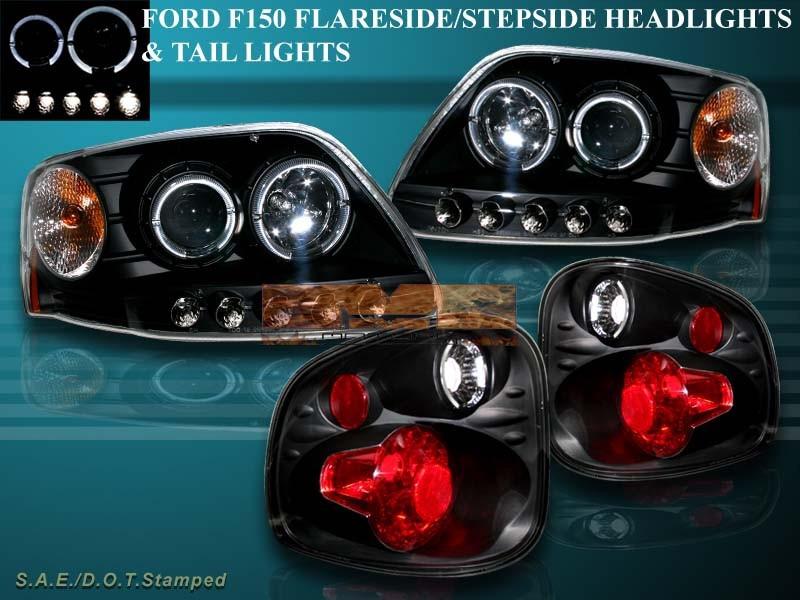 1997-00 ford f-150 2 halo led projector headlights + flareside tail lights black