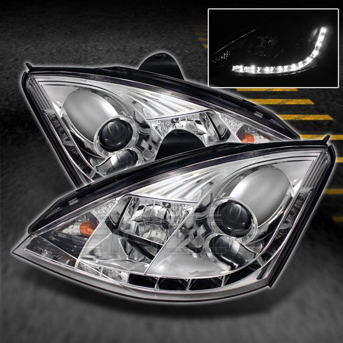 00-04 ford focus chrome r8 style drl daylight led projector headlights lamps