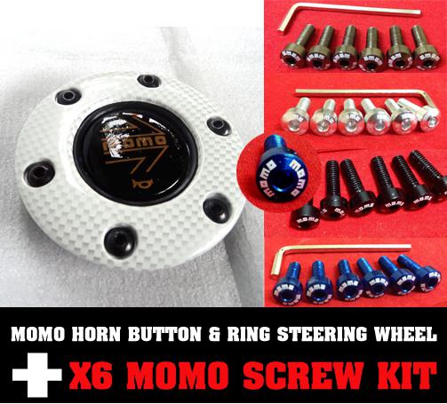 Momo white horn button & ring steering wheel + 6 momo screw kit