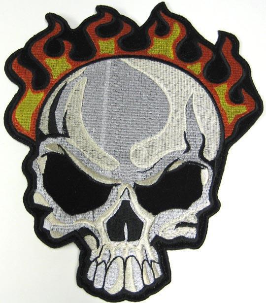 Flaming skull embroidered biker vest patch 10 inch x 8 inch