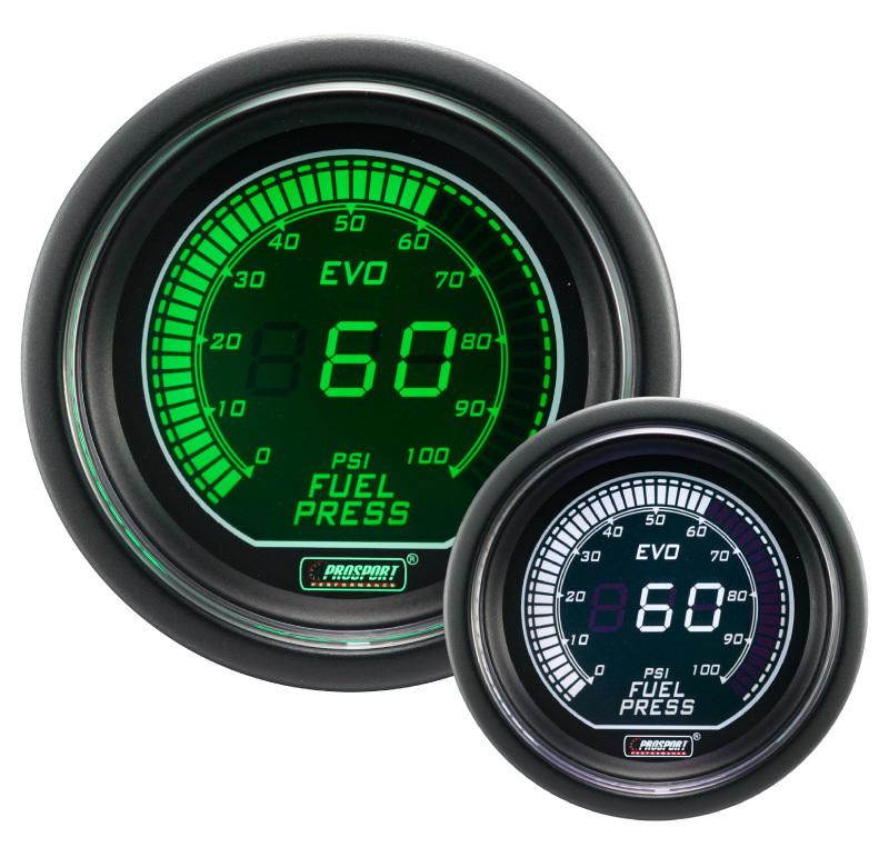 Evo fuel pressure gauge-electric prosport green and white 52mm 2 1/16" digital