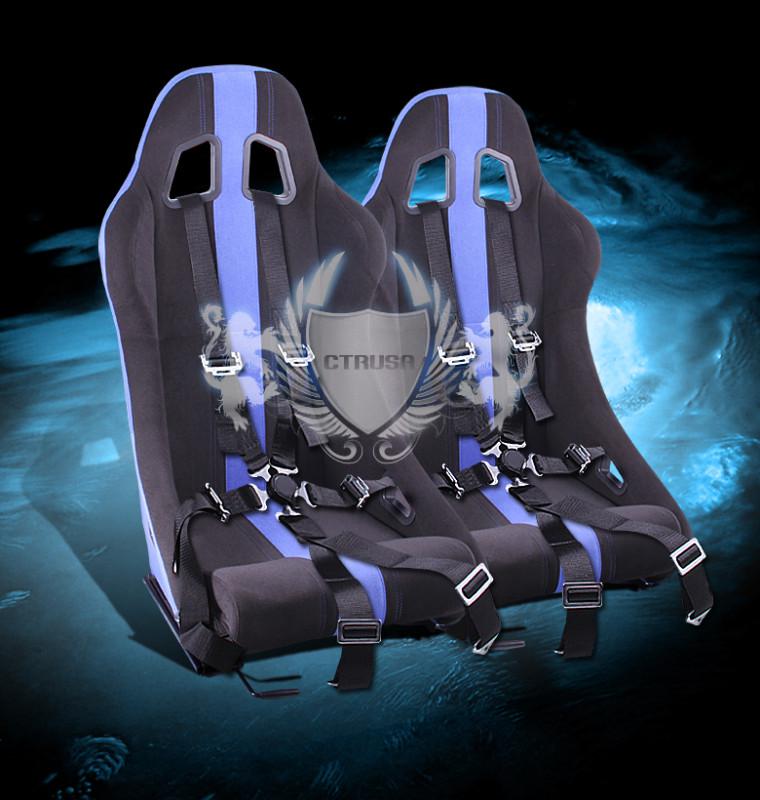 2x black/blue stripe fabric sport racing bucket seats + 6-pt belt camlock strap