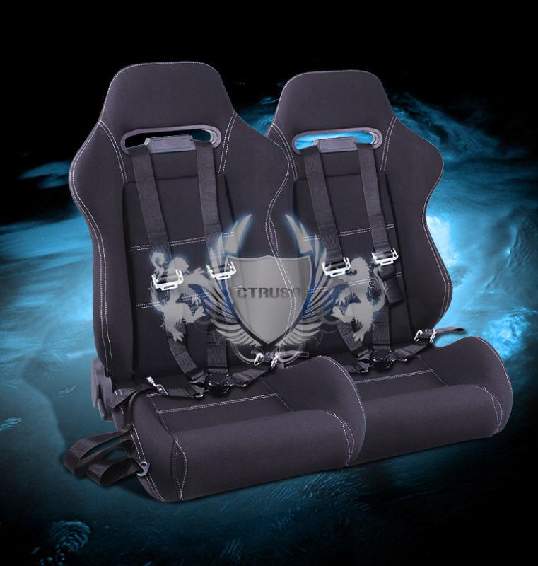 2x jdm f1 blk/white stitch fabric racing seat w/sliders+4-pt camlock safety belt