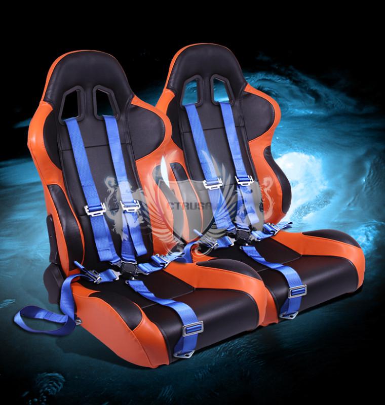 2x f1 black/orange jdm turino sport racing seat evo style+5-pt blue camlock belt