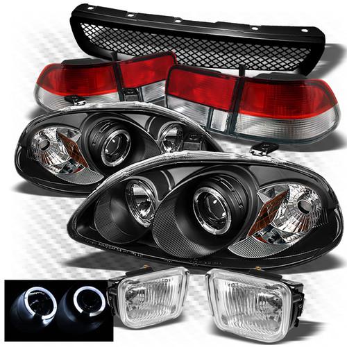 96-98 civic 2dr black pro headlights + r/c tail lights + fog lights + grille set