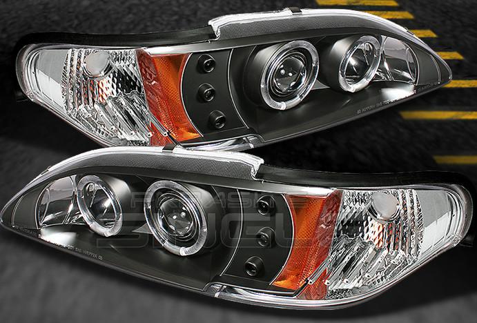 Black 94-98 mustang dual halo projector led headlights lights lamps left+right