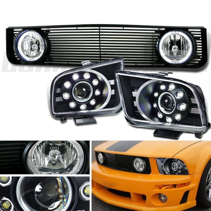 Ford 05-09 mustang black projector headlights billet grille chrome led fog lamp