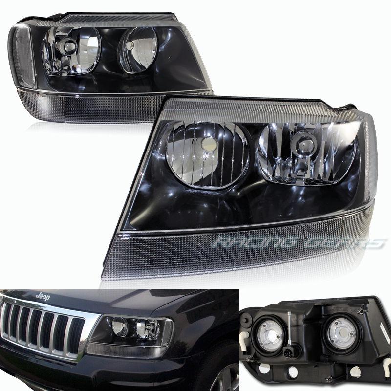 99-04 jeep grand cherokee black housing clear len clear reflector headlight lamp