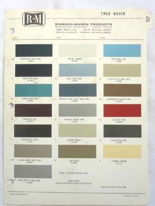 1968 buick  r-m  color paint chip chart all models original 