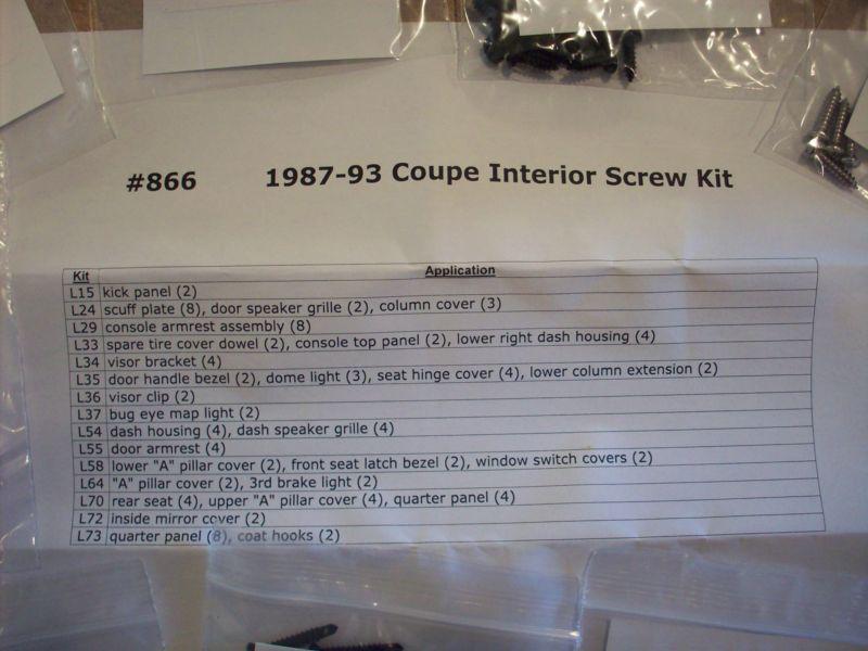 87-93 ford mustang lx coupe interior hardware screw kit