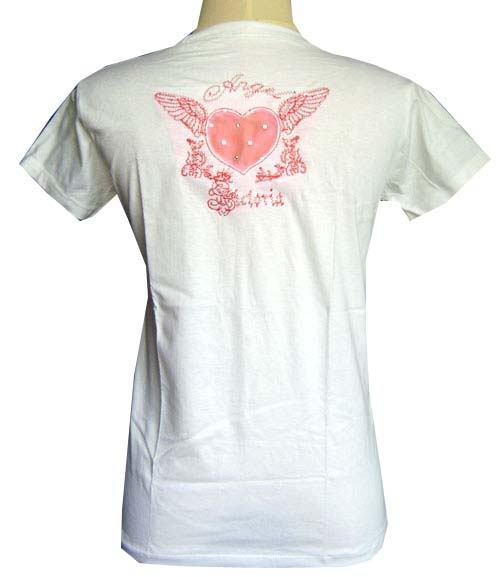 Funky gothic angel heart wing embroider pink white women girl short t-shirt sz s