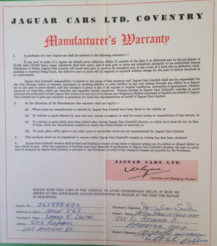 Original 1963 jaguar xke e-type, car purchase order, vehicle conditional sale.