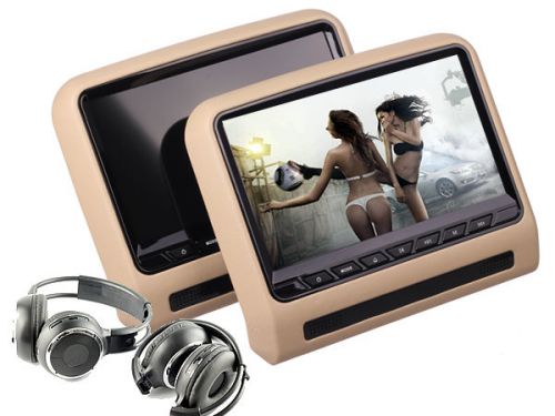 Pair 9 inch car headrest dvd player headphone sd usb games fm ir hdmi beige col