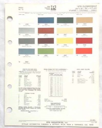 1976 oldsmobile ppg color paint chip chart all models original